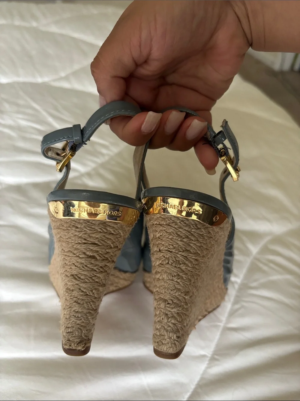 Michael Kors Slate Blue Patent Peep-Toe Slingback Wedges - Picture 4 of 5